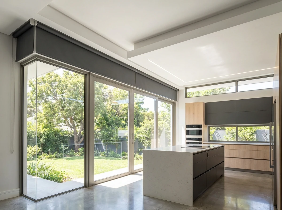 Roller blind concealed in a recessed ceiling pelmet above glazing in a Kenilworth Upper kitchen extension