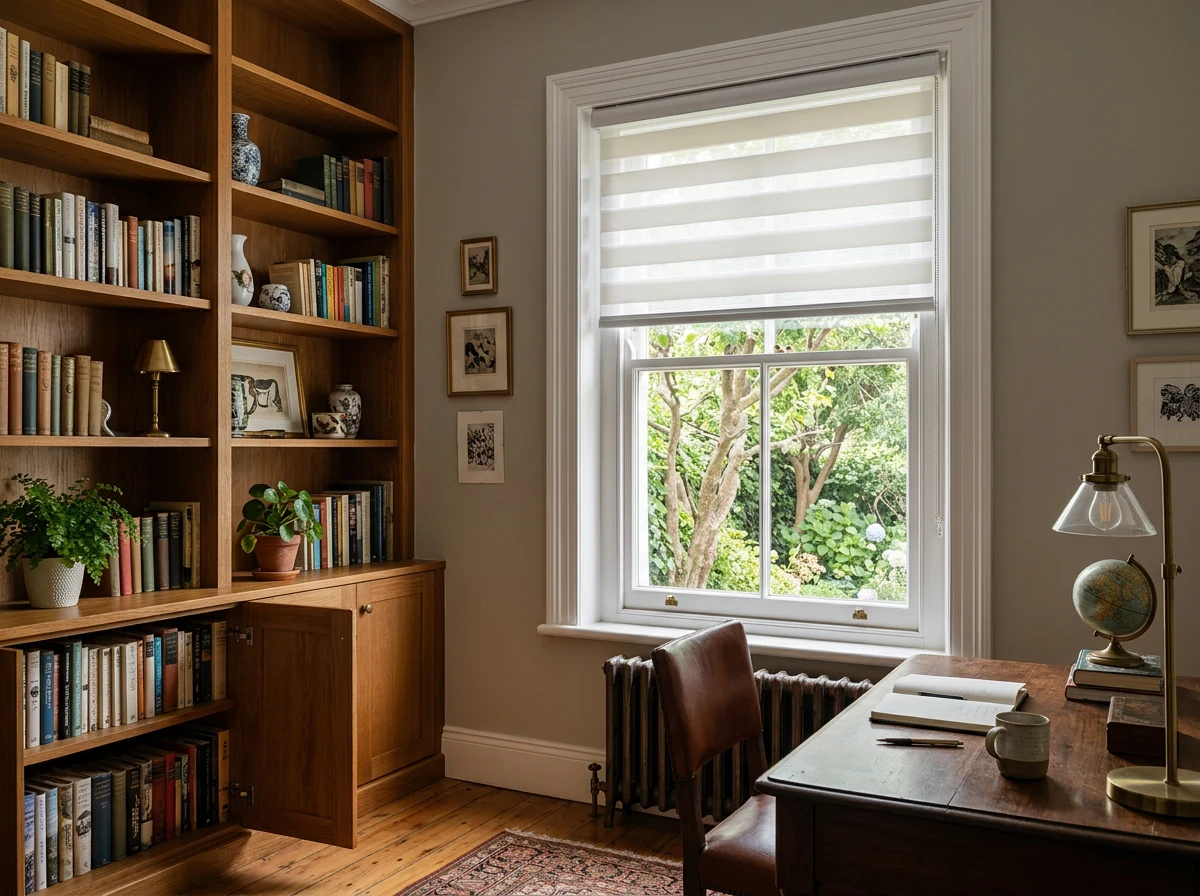 Day and night banded roller blind on a sash window in a Kenilworth Upper home study