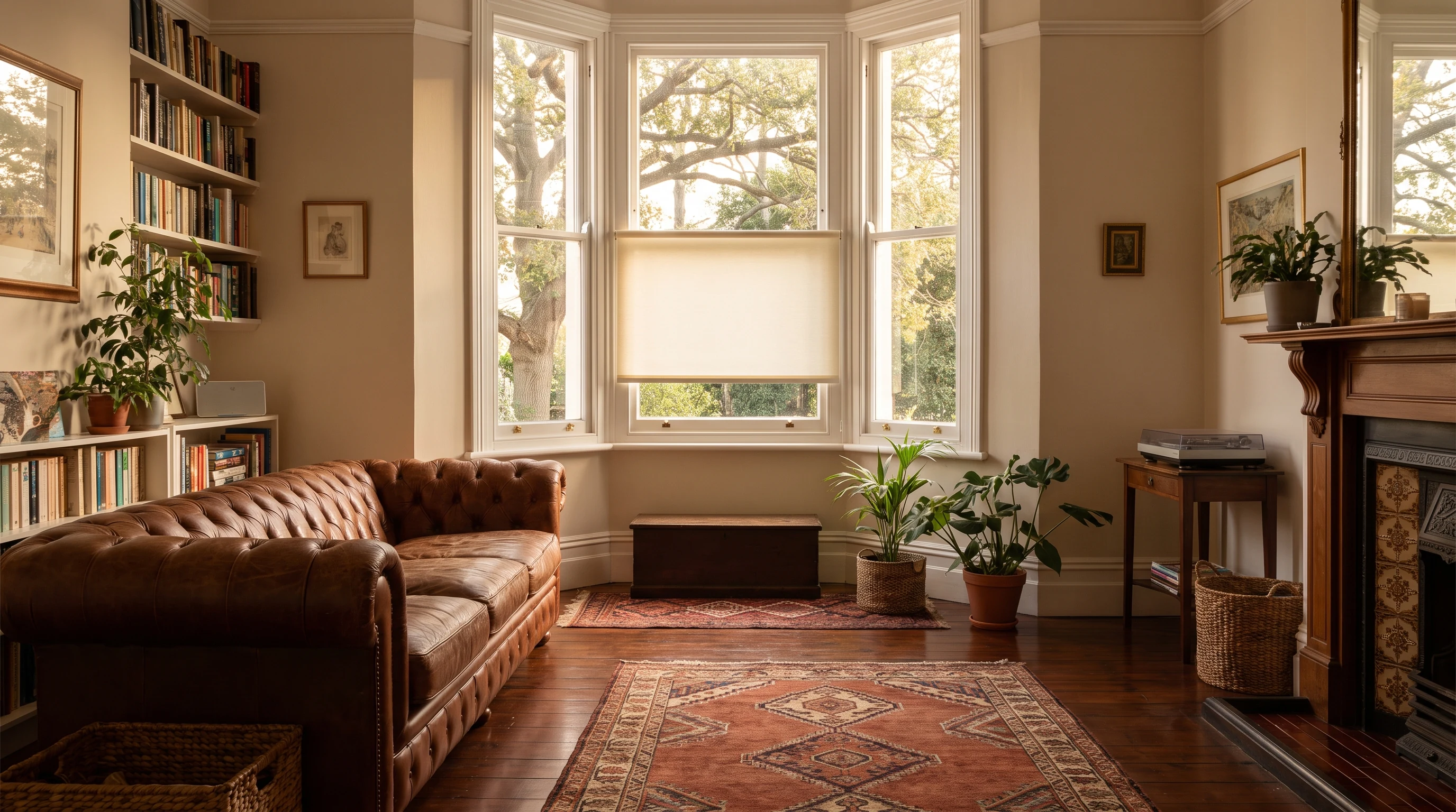 Sunlit lounge in a Kenilworth Upper family home with motorised roller blinds fitted to a wide bay window