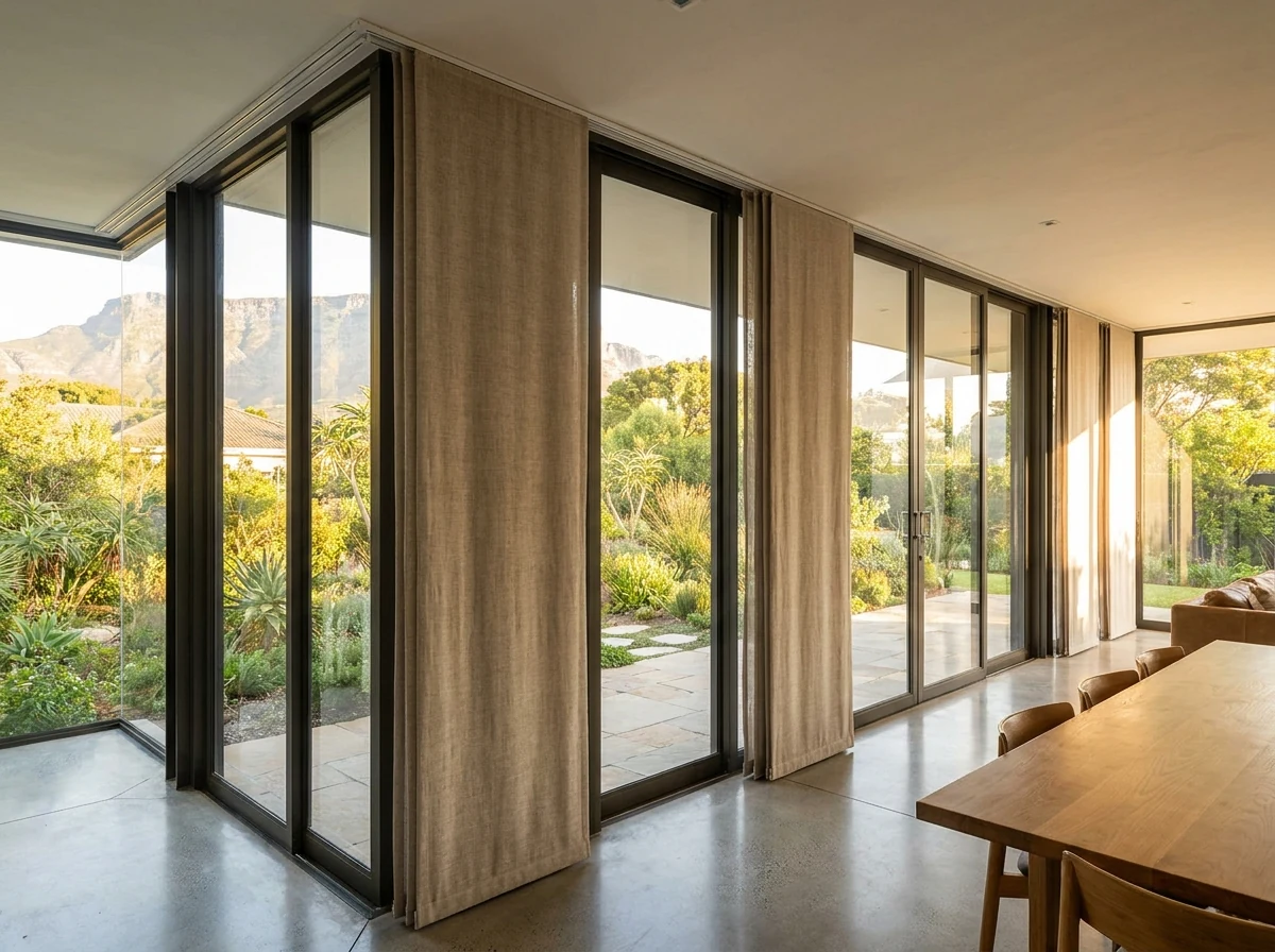 Vertical panel blinds on wide stacking patio doors in a Kenilworth Upper family home