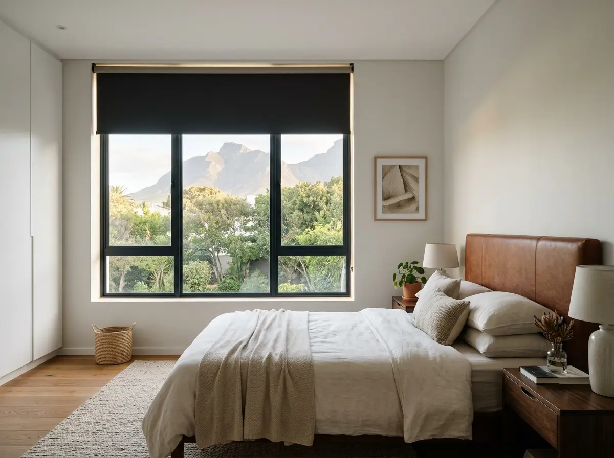 Kenilworth Upper bedroom with a black blockout roller blind lowered against a mountain-facing window